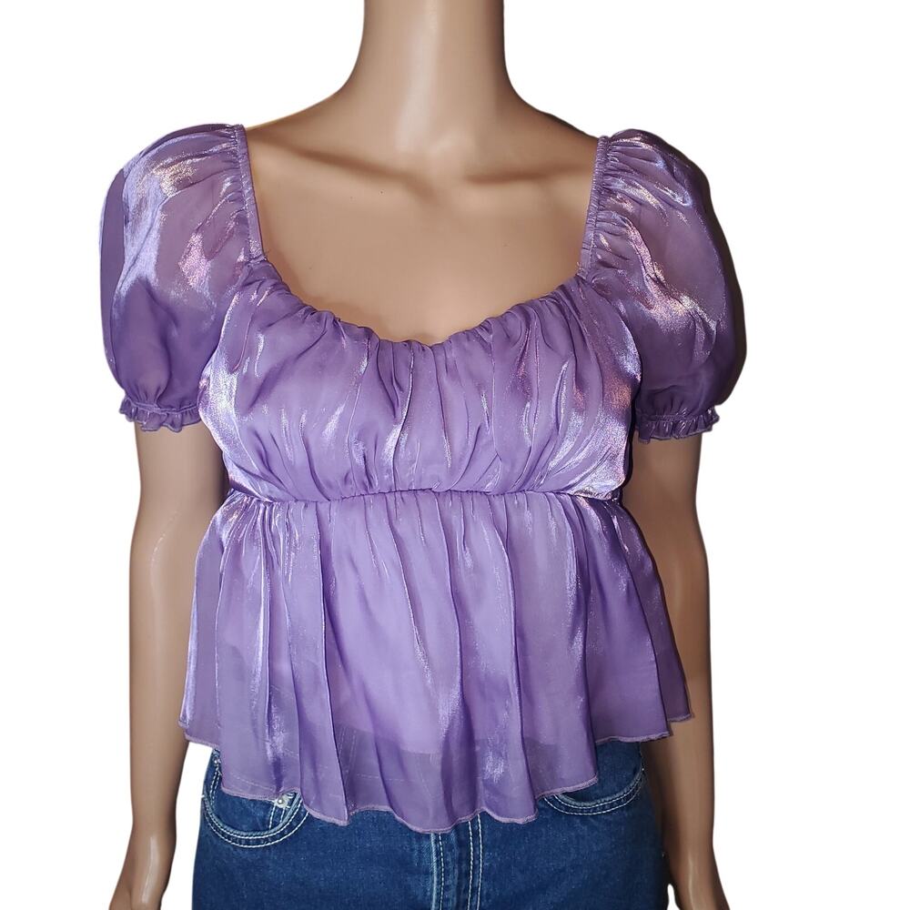 Thirty Thirty Purple Shimmer Puff Sleeve Babydoll Top XS Coquette Balletcore